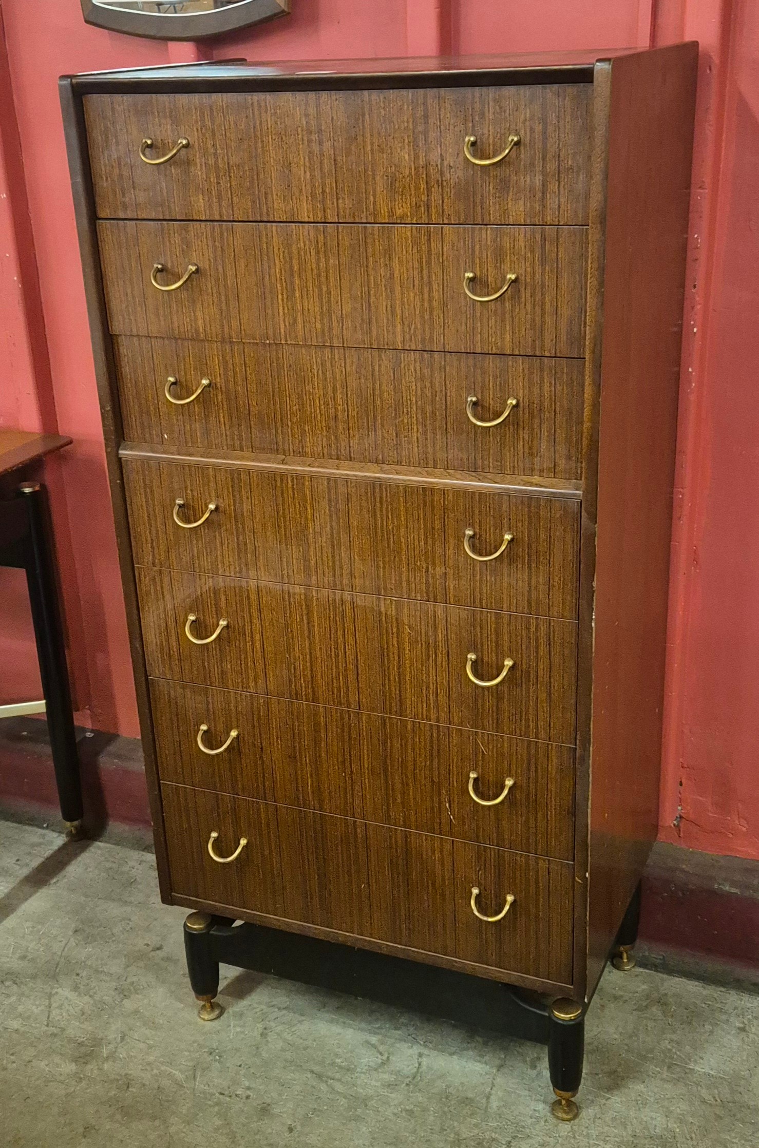 A G-Plan Librenza tola wood and black chest of drawers