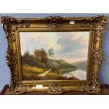 A.G. Curtis, river landscape, oil on canvas, framed