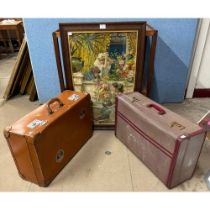Two vintage suitcases and a 'Pears' framed print