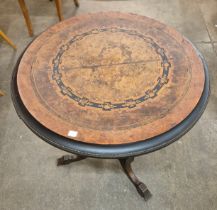 A Victorian Aesthetic Movement marquetry inlaid figured walnut circular tilt top centre table