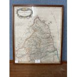 A 17th Century Robert Morden engraved map of Northumberland, framed