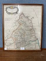 A 17th Century Robert Morden engraved map of Northumberland, framed
