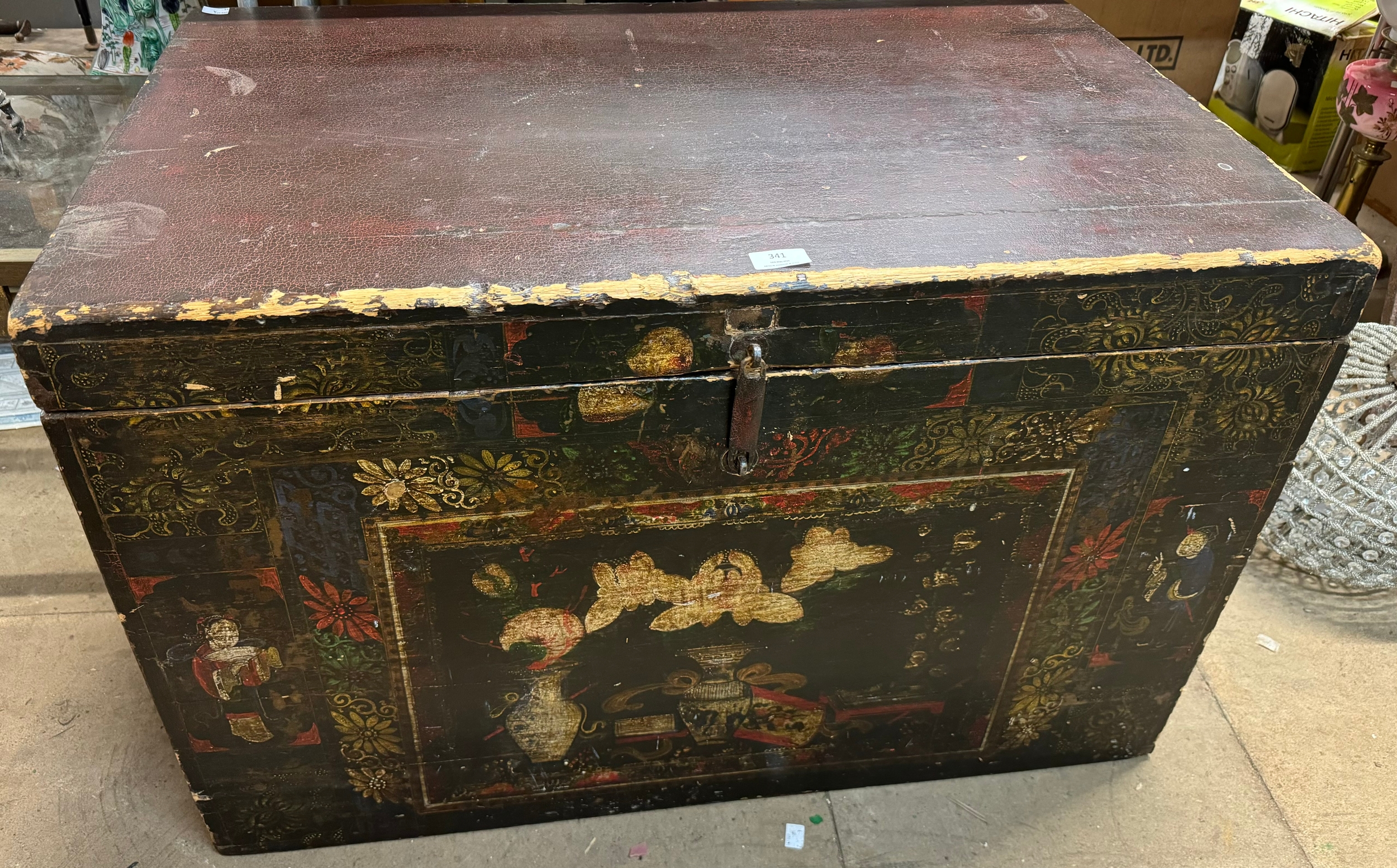 A Chinese black chinoiserie trunk