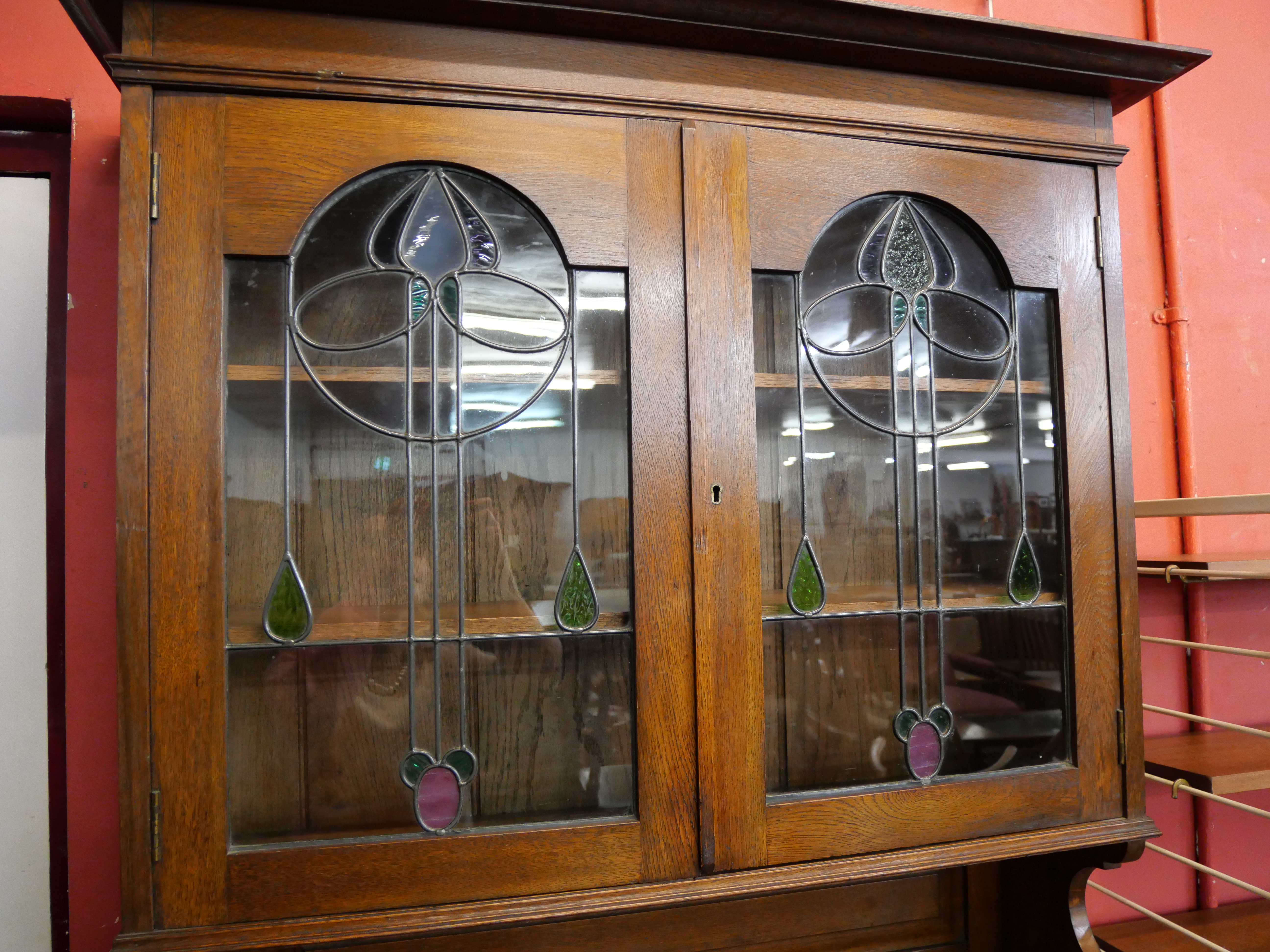 An Edward VII oak tambour bureau bookcase, with Art Nouveau stained glass doors - Image 2 of 6