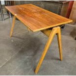 A Hille Hillestack walnut and beech rectangular A-frame dining/writing table, designed by Robin Day