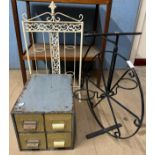 A metal index drawer cabinet, a painted bike plant stand and a metal plant stand