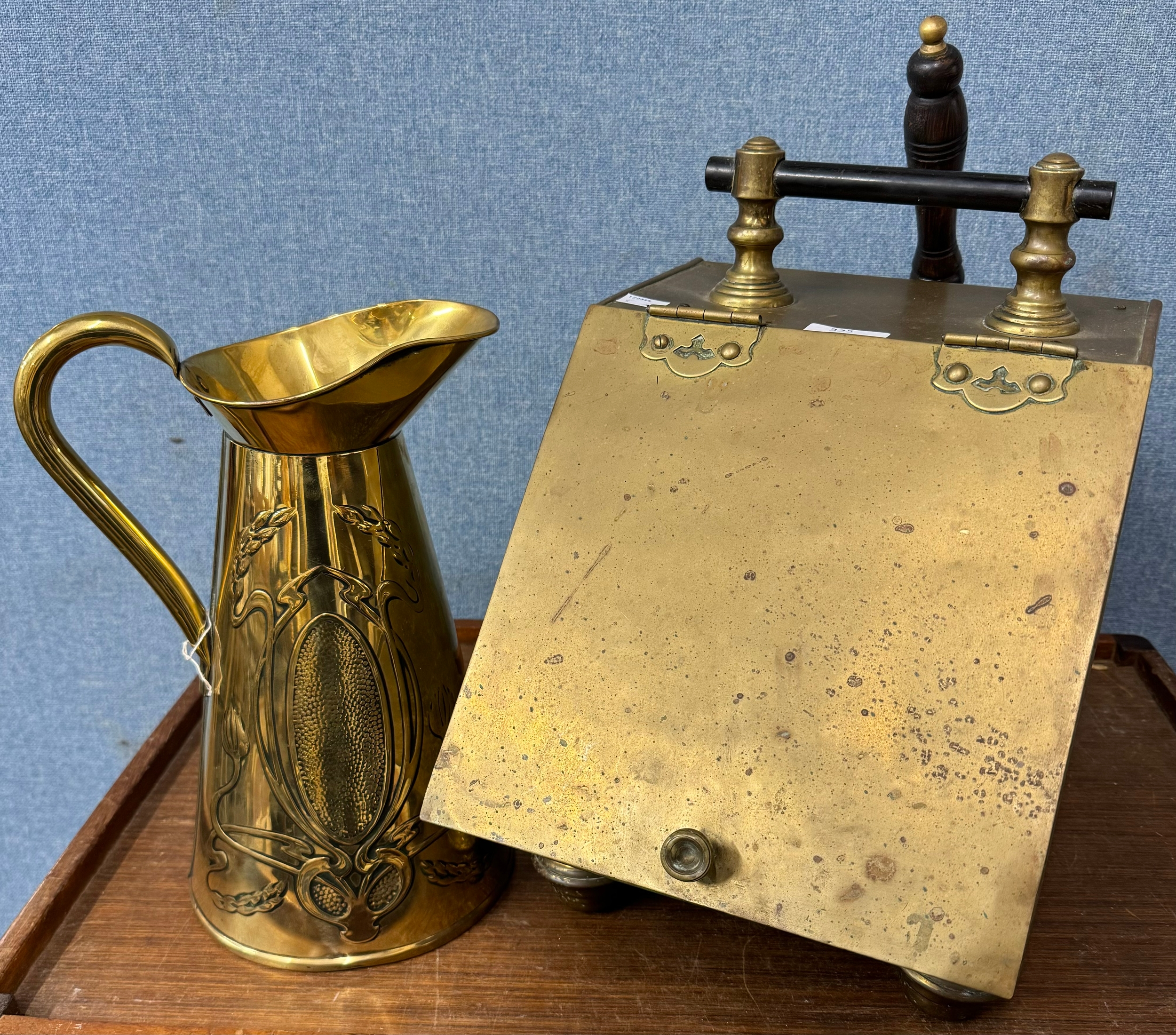 An Art Nouveau brass jug, a brass coal scuttle and a brass bird cage - Image 2 of 3