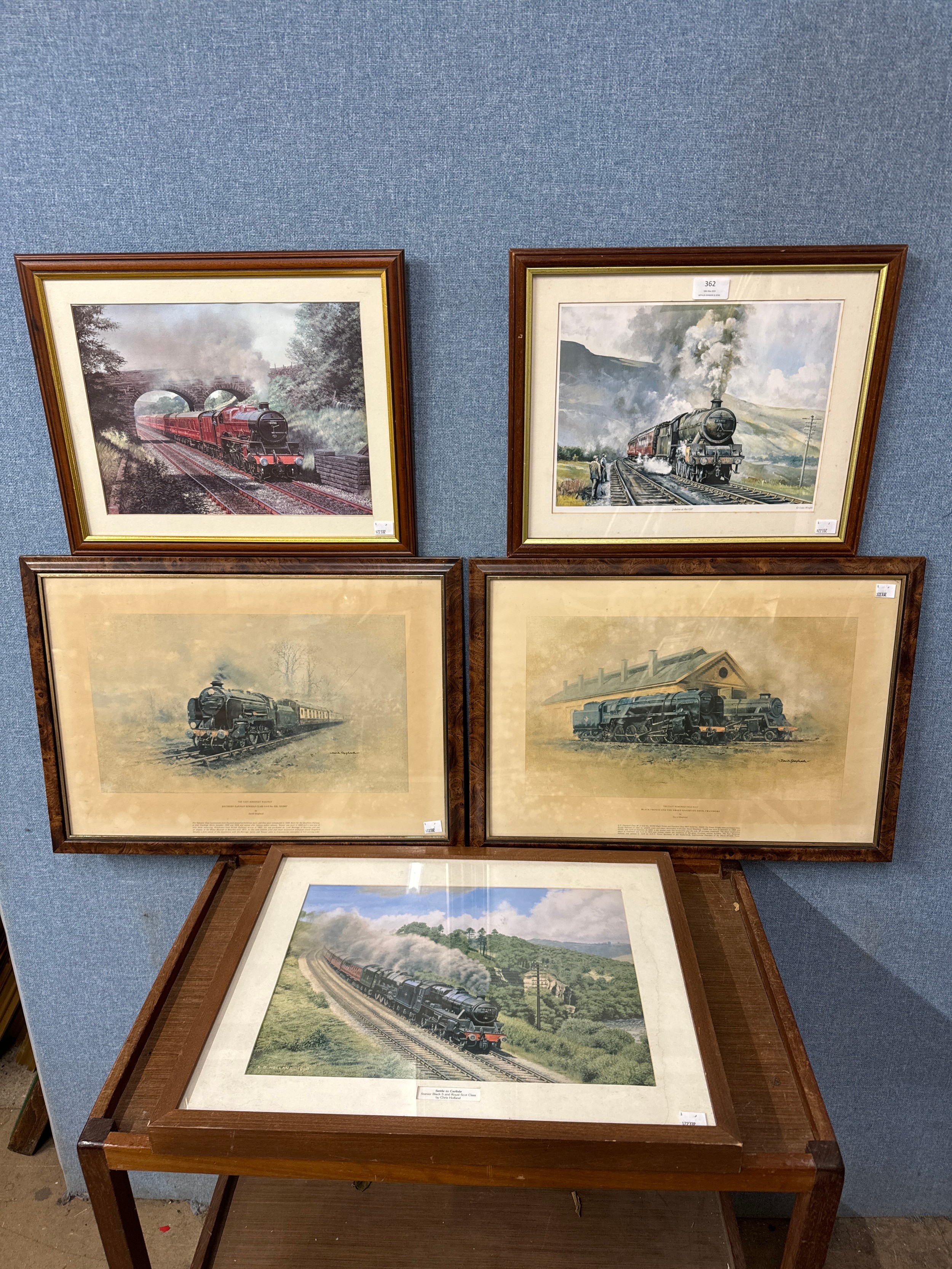 Five locomotive related prints, including David Shepherd, all framed