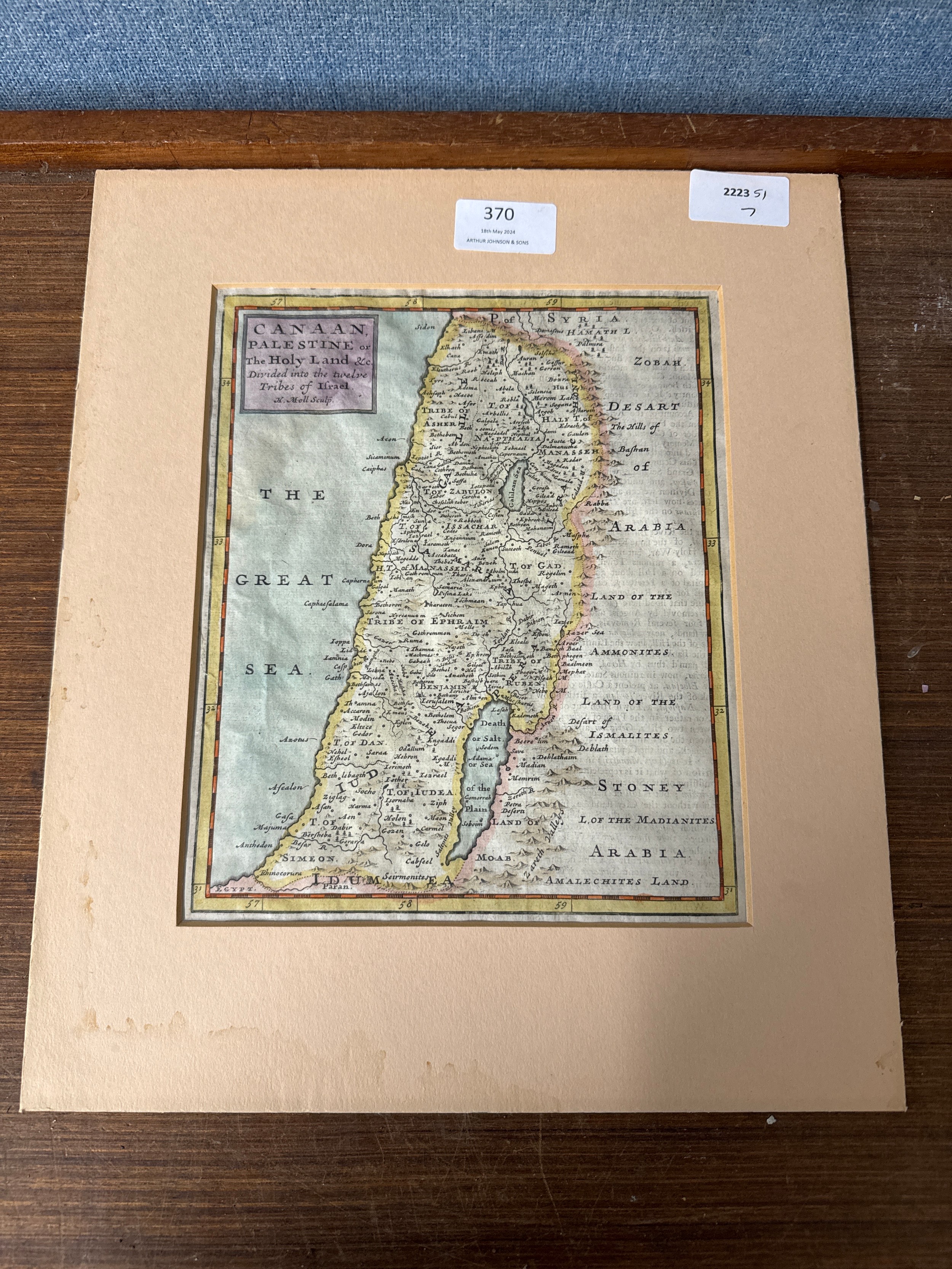 An 18th Century engraved map of Palestine, dated 1740, unframed