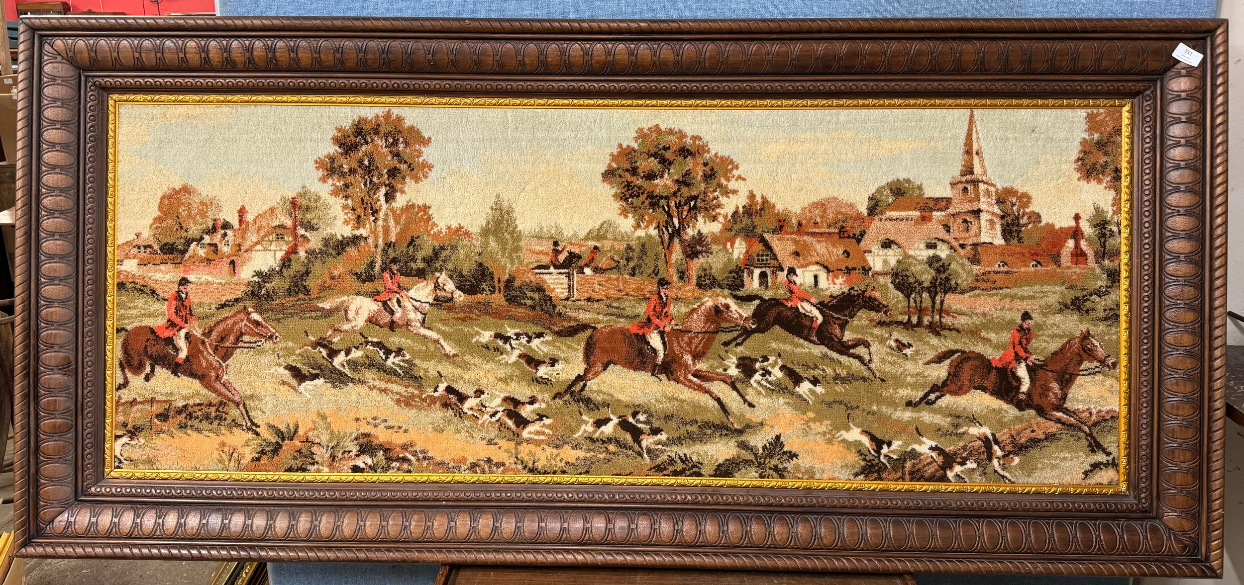 A large fox hunting tapestry, framed