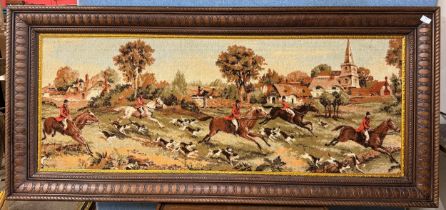 A large fox hunting tapestry, framed