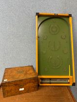 A Victorian walnut writing slope and a bagatelle board