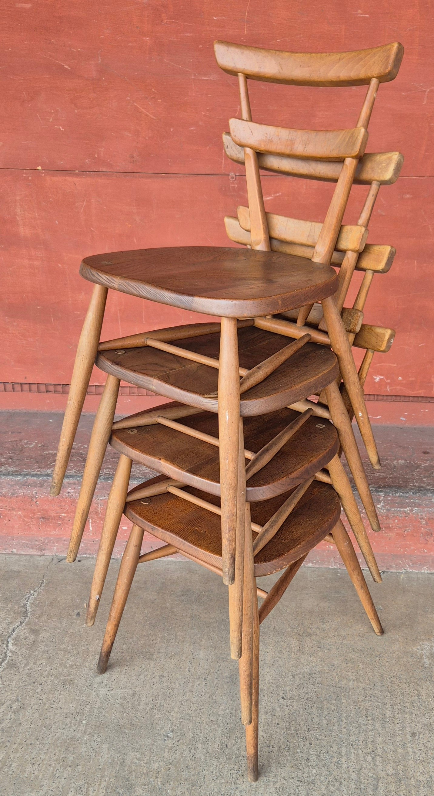 A set of four Ercol Blonde elm and beech green dot stacking chairs - Image 2 of 3
