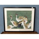 A Japanese painting on silk, exotic birds, framed