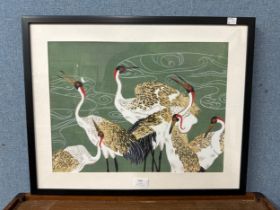 A Japanese painting on silk, exotic birds, framed