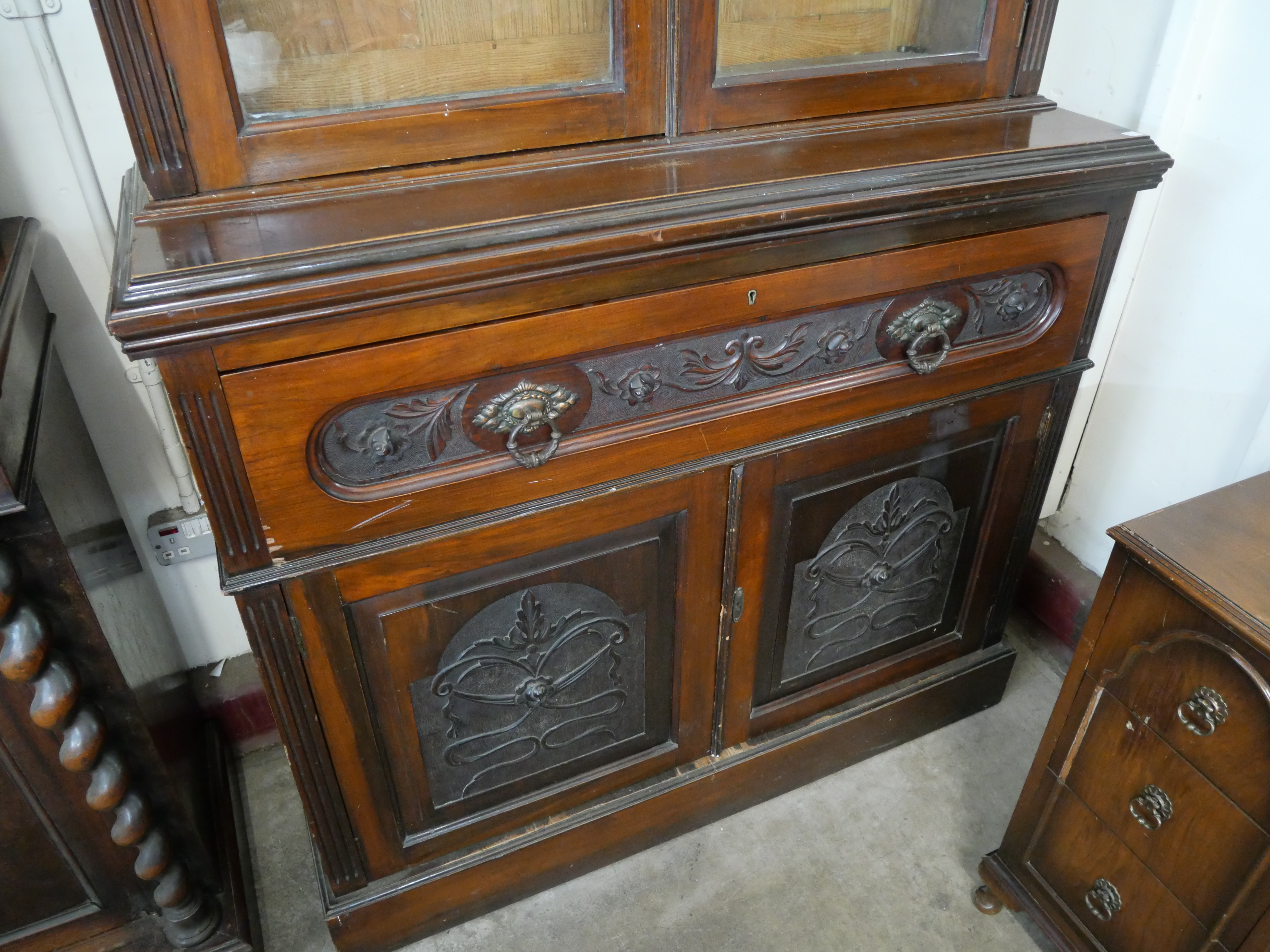 An Edward VII carved walnut secretaire bookcase - Image 3 of 7