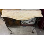 A French wrought iron and marble topped serpentine console table