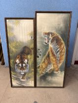 Two oriental paintings on silk, studies of tigers, framed