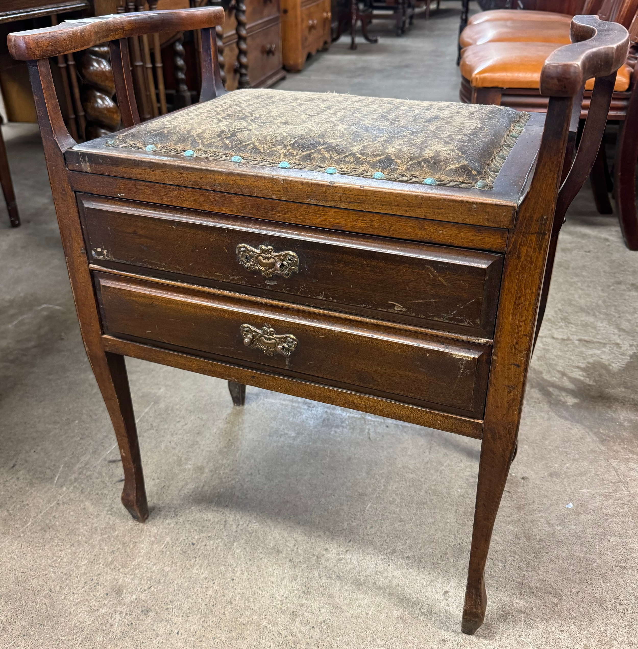 An Edward VII mahogany piano stool and barometer