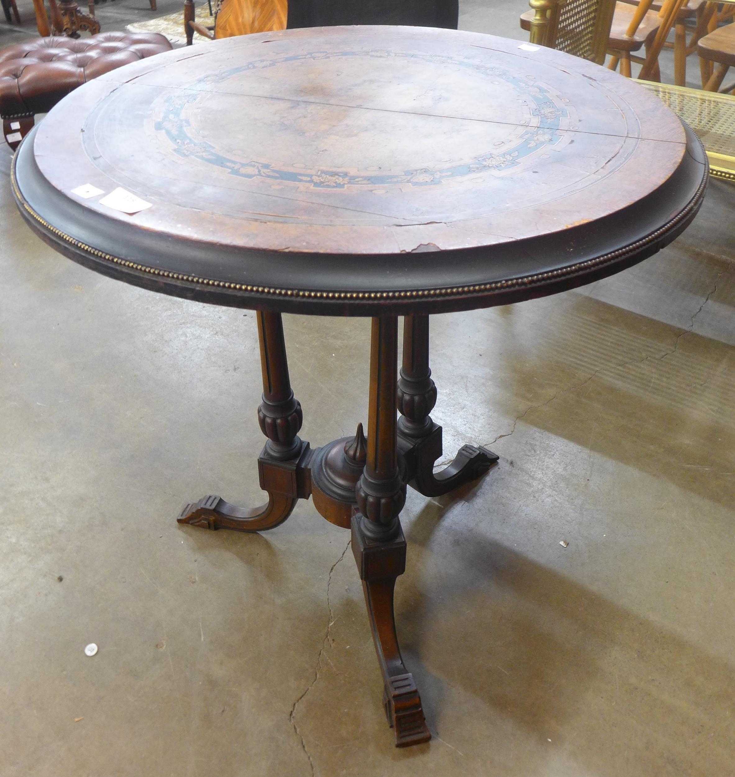 A Victorian Aesthetic Movement marquetry inlaid figured walnut circular tilt top centre table - Image 2 of 2