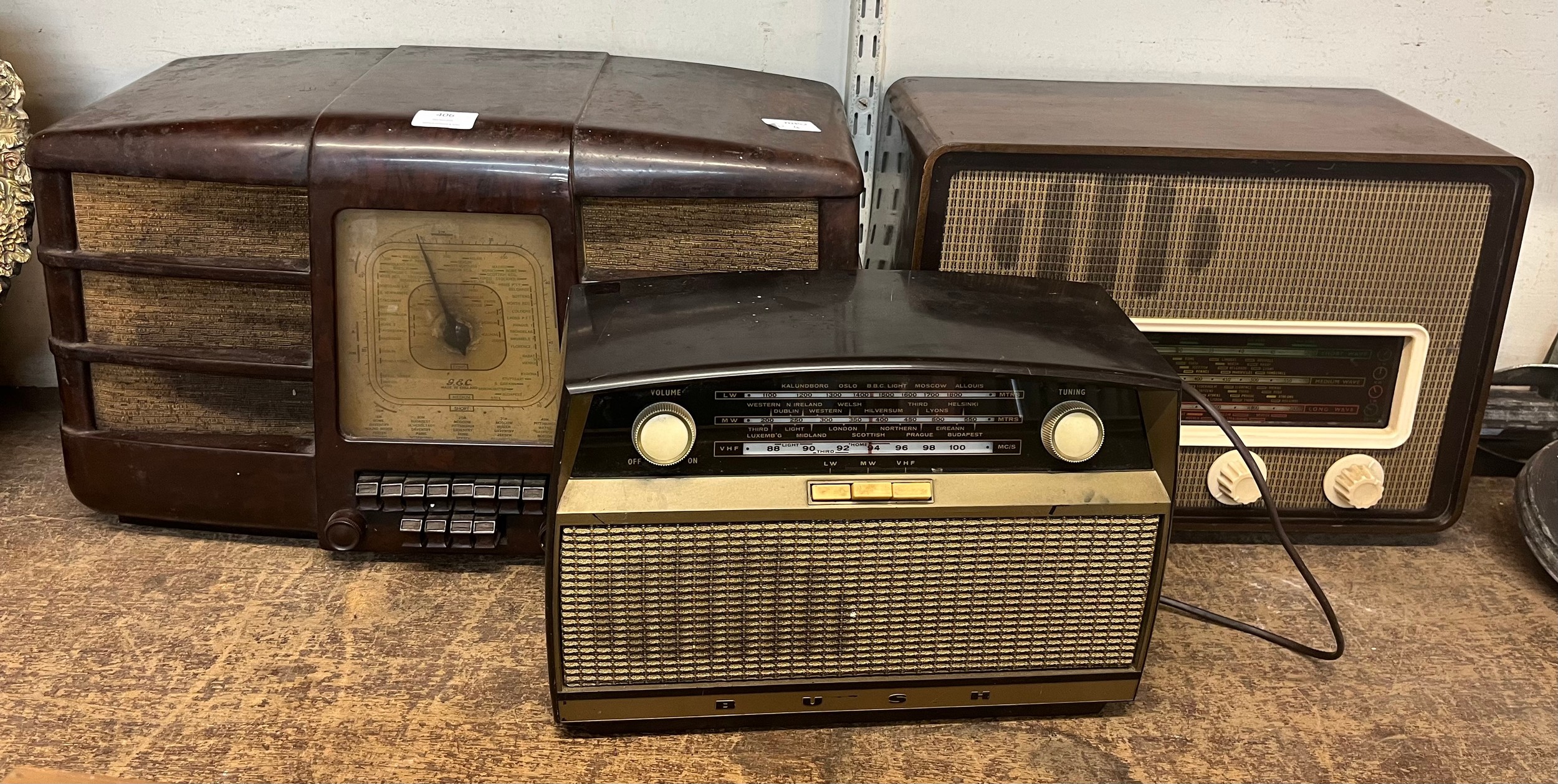 Three vintage radios; G.E.C., Bush and Sobell