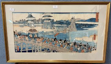 A Japanese wood block print, The View of Yodogawa by Hiroshige (1862-1869), published by Hirooka