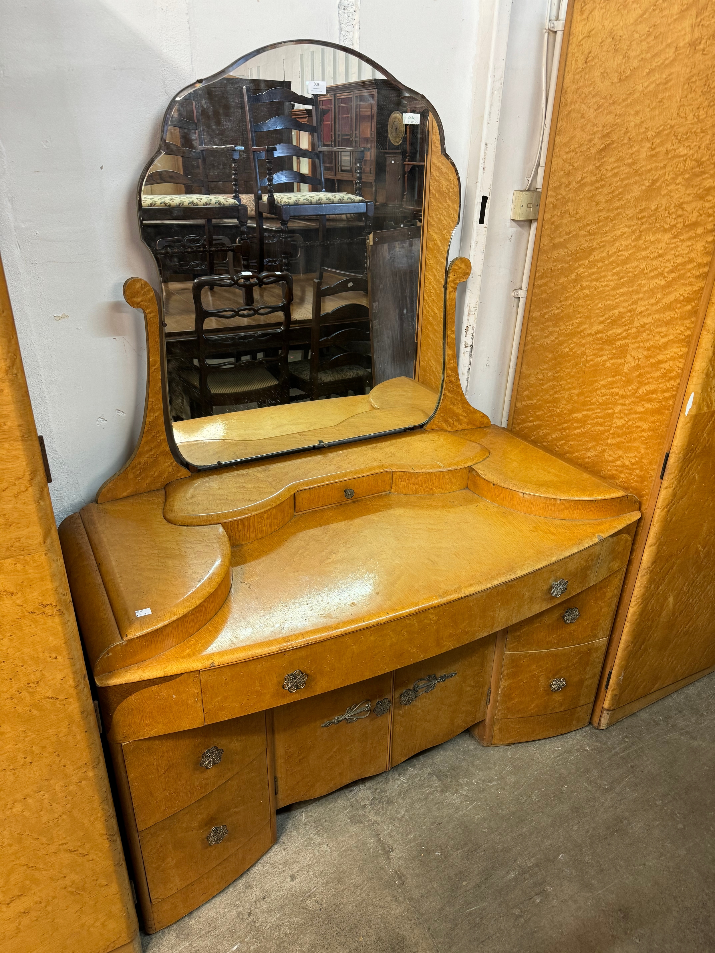 An Art Deco birds eye maple bedroom suite, comprising; two wardrobes and a dressing table - Image 2 of 4