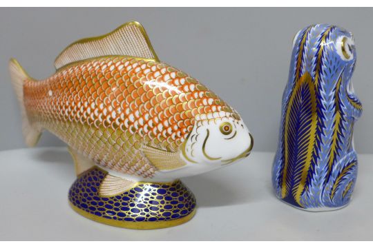 Two Royal Crown Derby paperweights, golden carp and chipmunk, carp with blemish on back and - Image 2 of 3