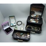 A jewellery box with silver jewellery including a silver and turquoise set