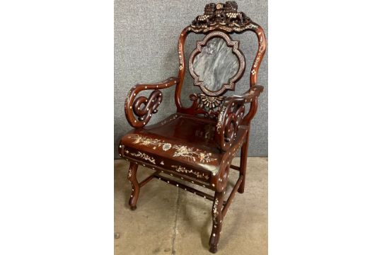 A Chinese hardwood, mother of pearl inlaid and marble back armchair