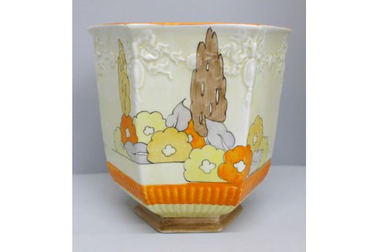 A Clarice Cliff Capri jardinière, 15cm, chip to rim, star crack to base - Image 1 of 4