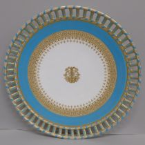 A Royal Worcester porcelain cabinet plate, pierced edge, with monogram to the centre, circa 1880-90