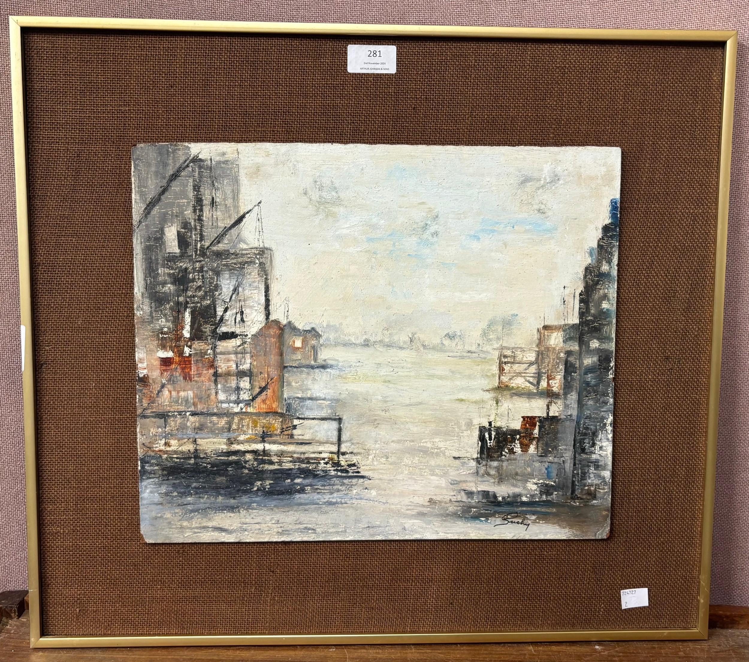 J.H. Suchy, London scene, abstract, oil on board, framed - Image 2 of 2