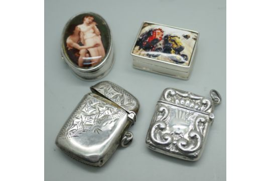 Two silver pill boxes and two silver vesta cases, 58g - Image 1 of 5