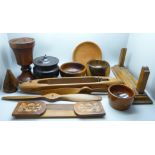 A collection of treen including an inlaid book stand