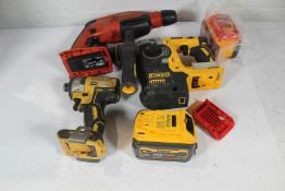 Three pre-owned power tools: A DeWalt DCH273 Rotary Hammer Drill, a DeWalt DCF887 Impact Driver and