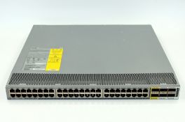 A pre-owned Cisco Nexus N2K-C2348TQ-10GE V01 Fabric Extender with eight Cisco FET-10G SFP+ Transceiv