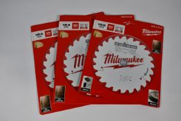 Three Milwaukee Circular Saw Blades (2x 184x30mm and 1x 165x20mm).