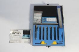 An as new Accusize Industrial Tools 7-piece 3/8" Indexable Carbide Turning Tool Set with 10 Extra Ca