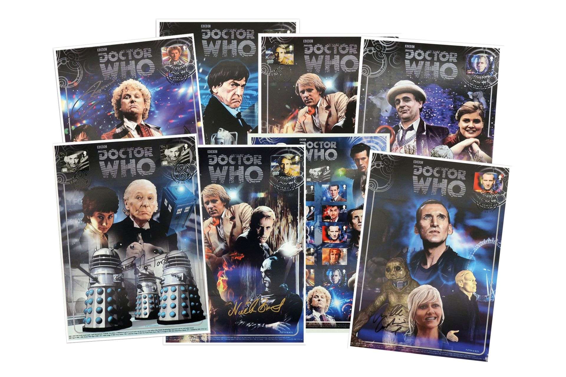 A set of 8 Doctor Who stamped prints that have each been signed ...