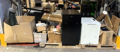 A large quantity of new and pre-owned electrical/networking parts, fixtures, trunking, two server ca
