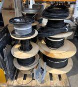 Assorted reels of cable to include various fibre optic cables; 9-04-CST, OM3 16-Core armoured, 3.04.