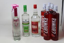Eight assorted Vodka's to include 5 x Fragola Zalowka 5 x 700ml, Moskovskaya 700ml, Amazon Triple Di