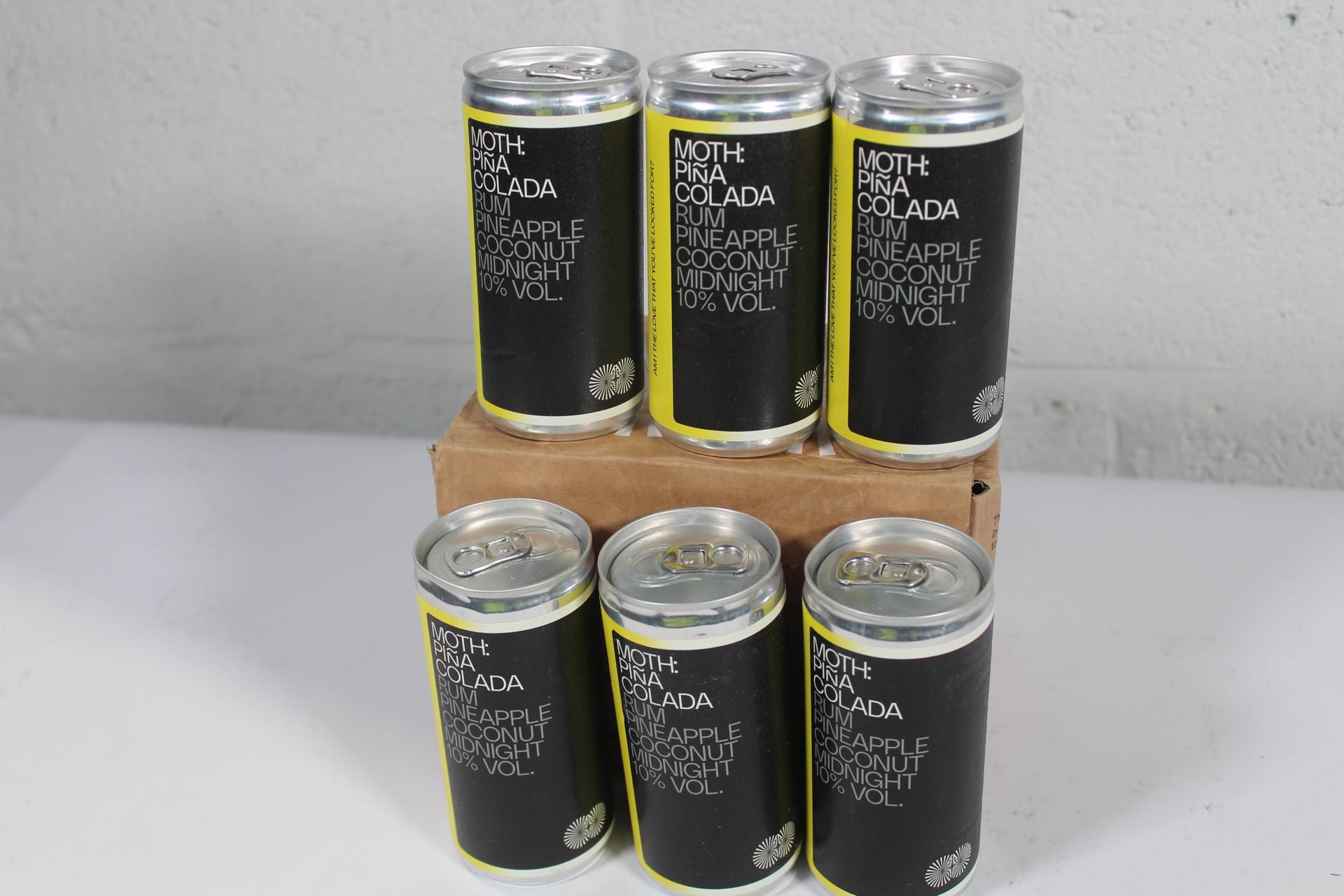 Fifteen boxes of six MOTH: Pina Colada Rum Pineapple Coconut Midnight 10% Vol (200ml per can).