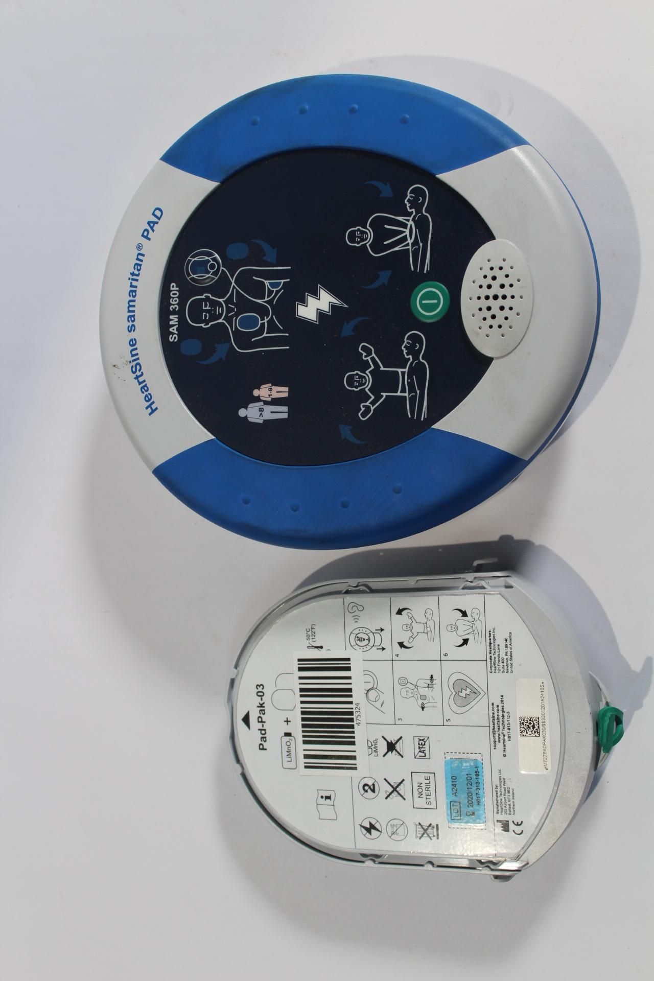 A pre-owned HeartSine Samaritan PAD 360P Fully Automatic Defibrillator with an Expired Pad-Pak-03 (E