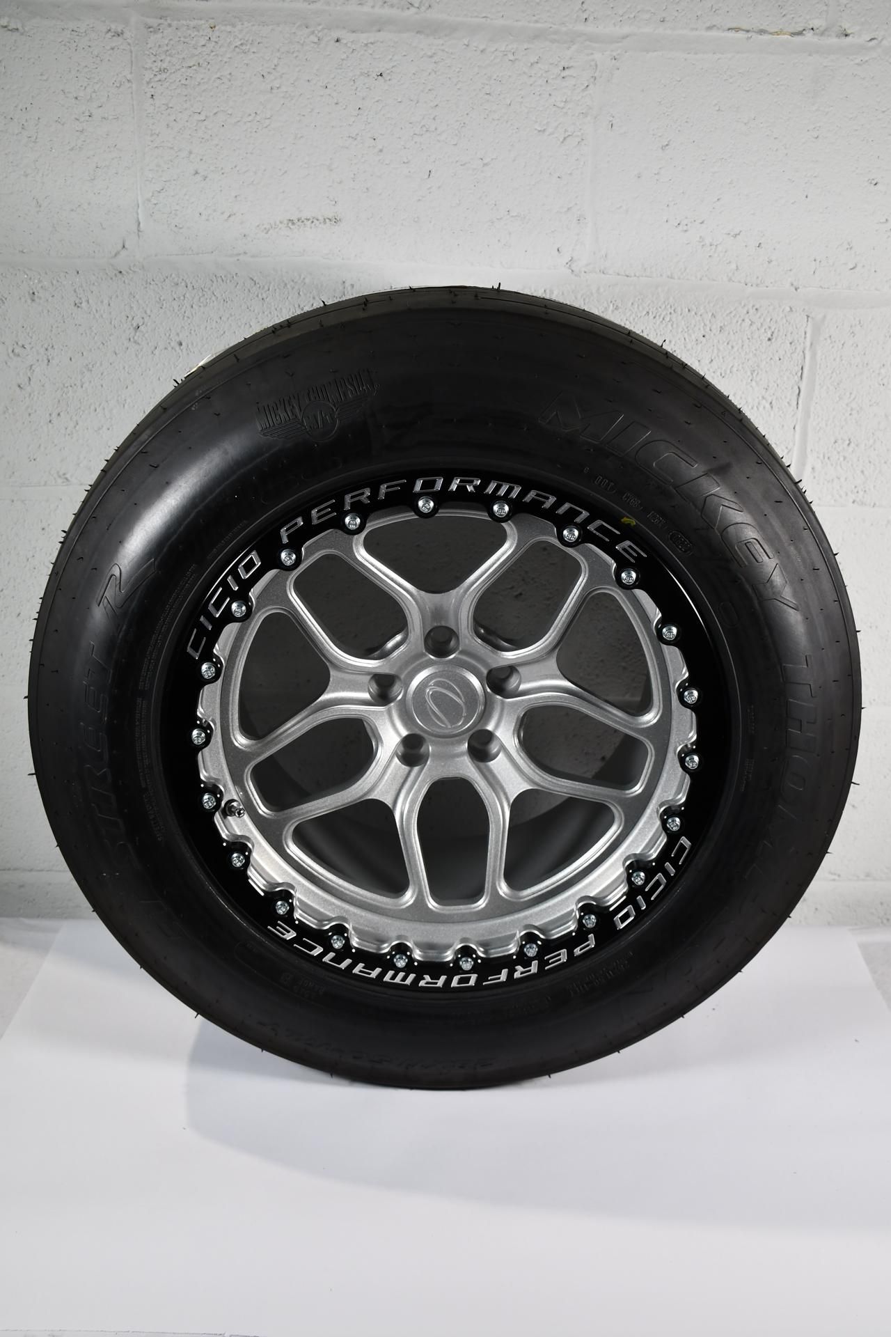 Two Cicio Performance Drag Wheels for a Nissan R35 GTR with Mickey Thompson E.T Street R Tyres.