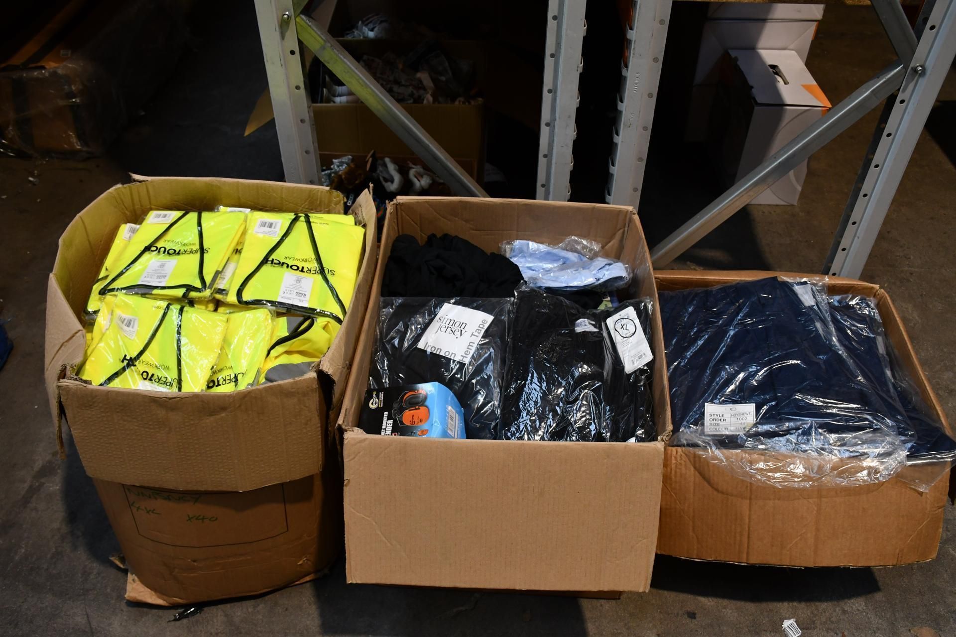 Three Boxes of Assorted Workwear including High Vis, Work Trousers, Jumpers, Polos, Overalls, T-Shir