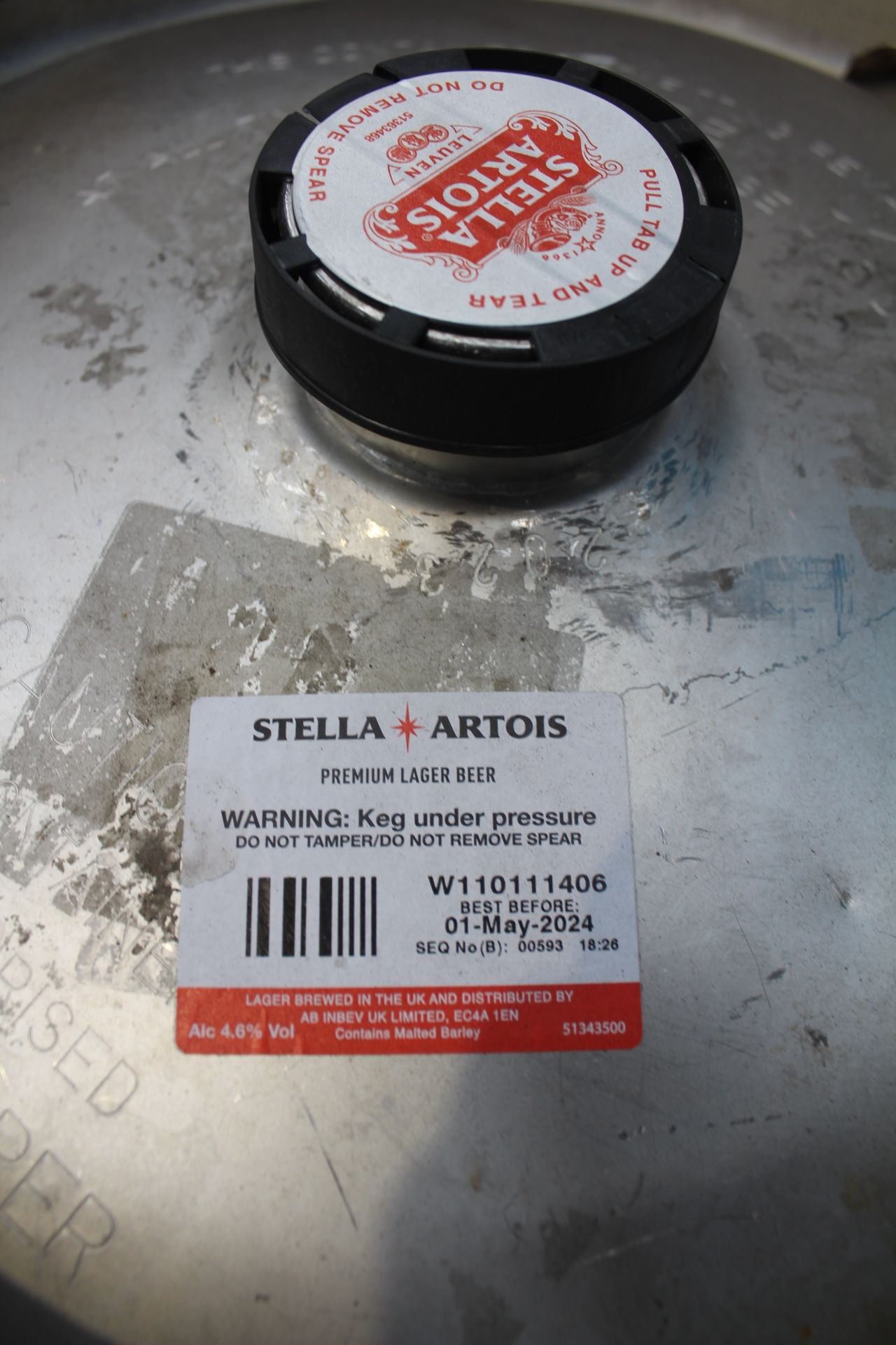 Keg of Stella Artois 4.6% (BB: 01/05/2024).