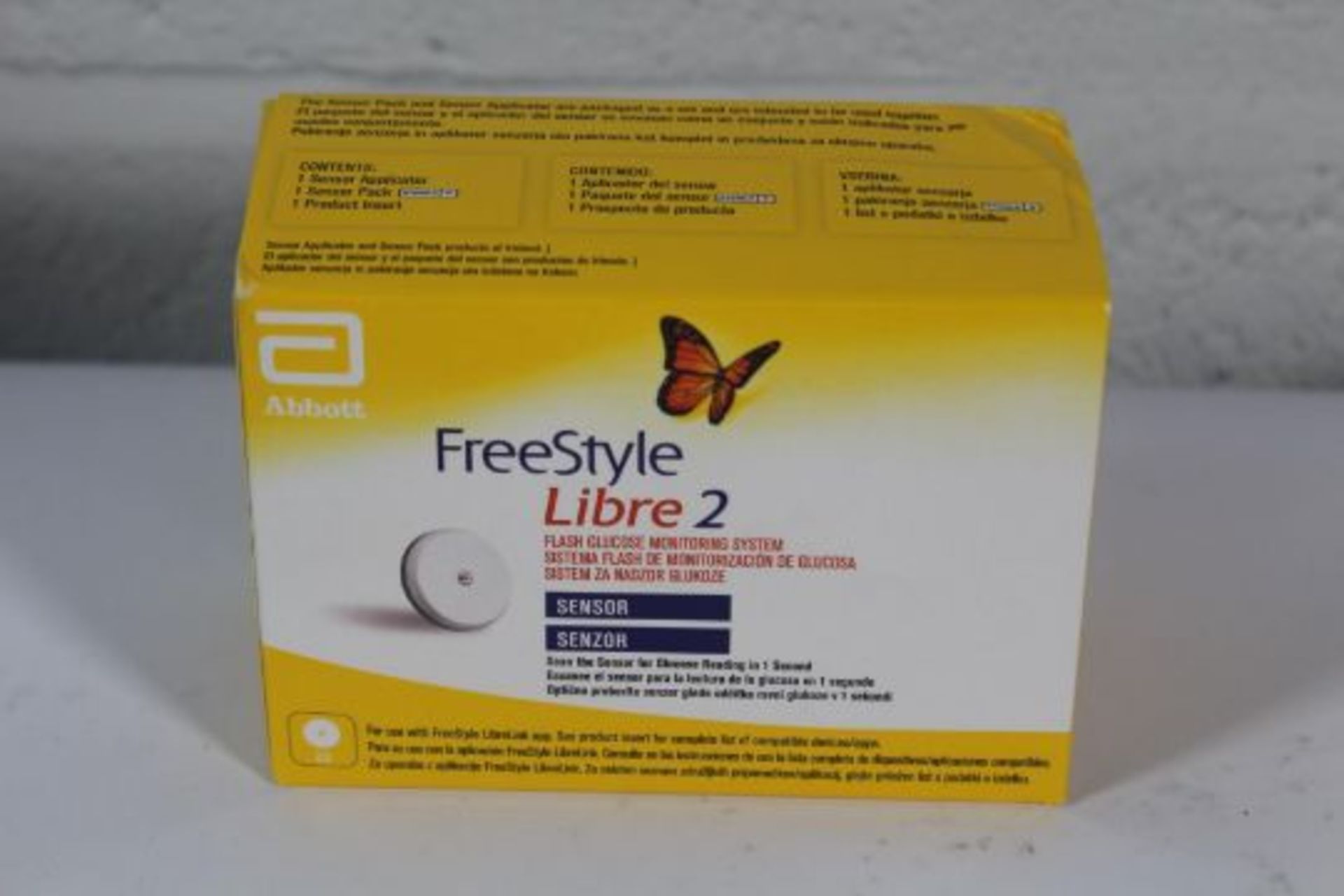 Abbott Freestyle Libre Sensor 2 Glucose Monitoring Sensor, Yellow/White (EXP: 2024-08-31).