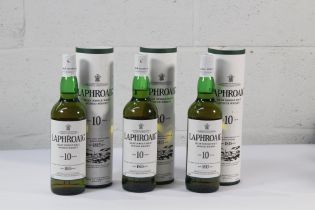 Three Laphroaig Aged 10 Years Islay Single Malt Whisky 3 x 700ml.